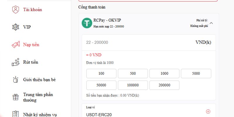 Nạp tiền vào ví 98win thông qua USDT